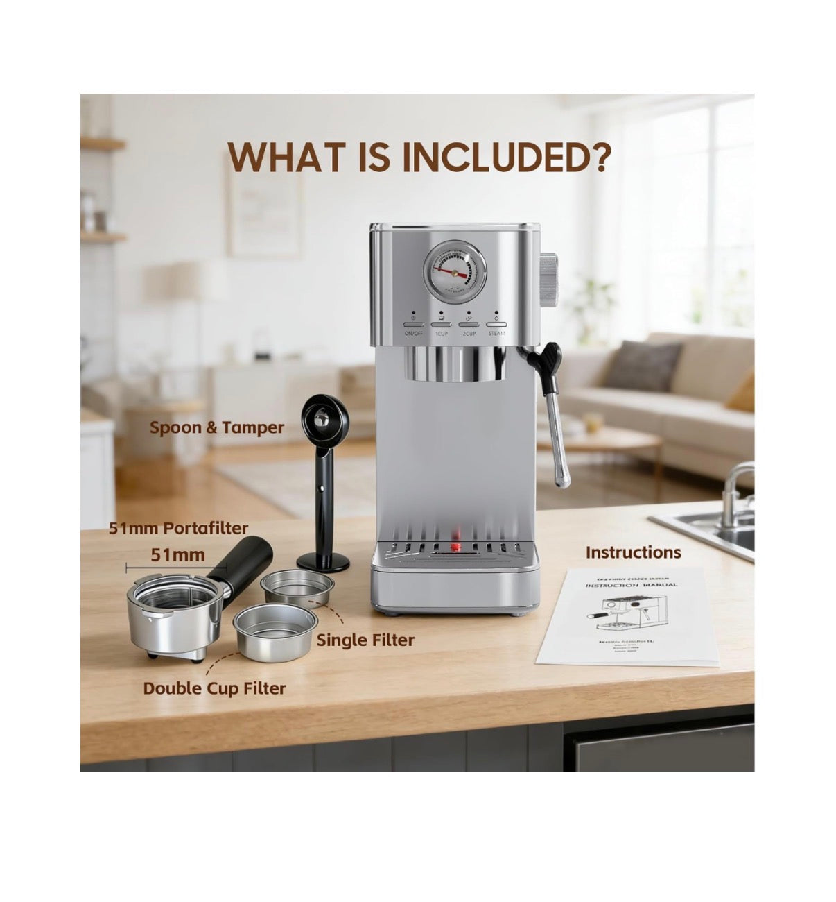 Espresso Machine 20 Bar with Milk Frother, Stainless Steel 47 oz Water Tank, Warm Cup & Auto Shut Off (Silver) (New in Box)