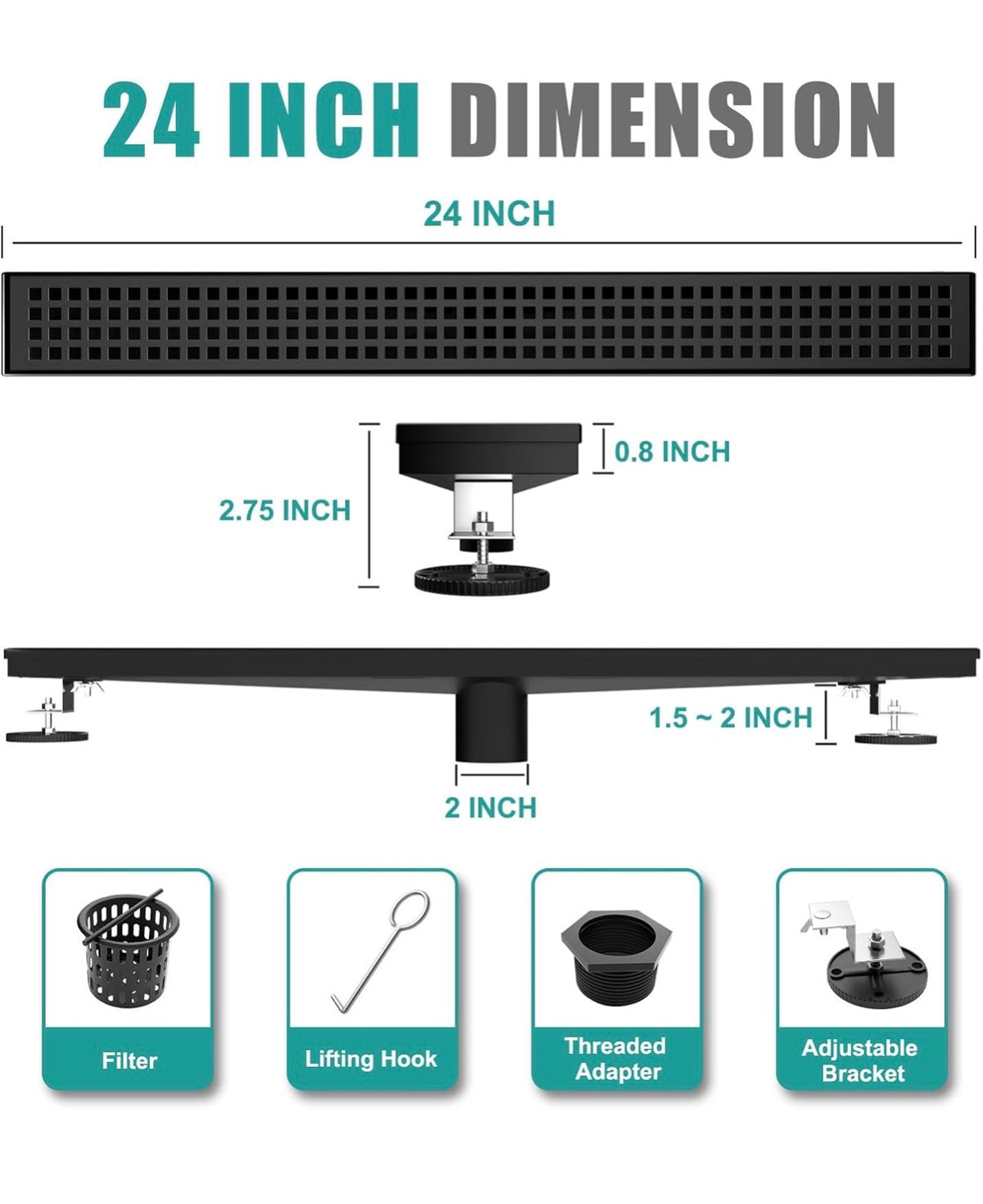 Baronage 24 Inch Linear Shower Drain, Square Grate, Matte Black V-Shaped Rapid Linear Drain, Rustproof, Hair Cather, 304 Stainless Steel Rectangle Shower Floor Drain for Bathroom (New in Box)