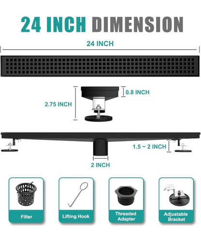 Baronage 24 Inch Linear Shower Drain, Square Grate, Matte Black V-Shaped Rapid Linear Drain, Rustproof, Hair Cather, 304 Stainless Steel Rectangle Shower Floor Drain for Bathroom (New in Box)