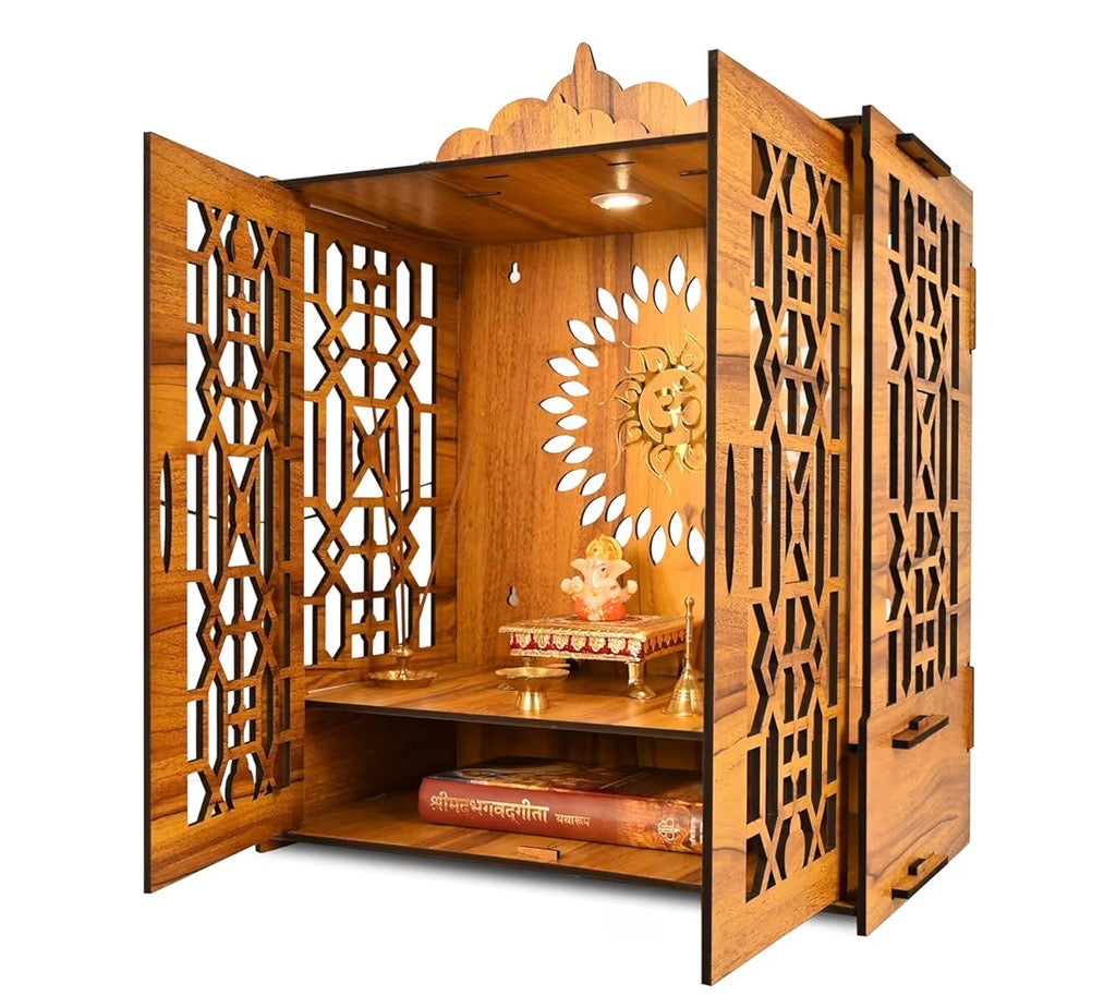 Indian Religious Wooden Temple for Poojaghar, Assembly Required, Mandir Unit with Storage Space, LED Lights and Wall Mount