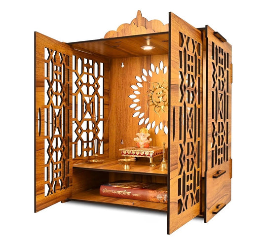Indian Religious Wooden Temple for Poojaghar, Assembly Required, Mandir Unit with Storage Space, LED Lights and Wall Mount