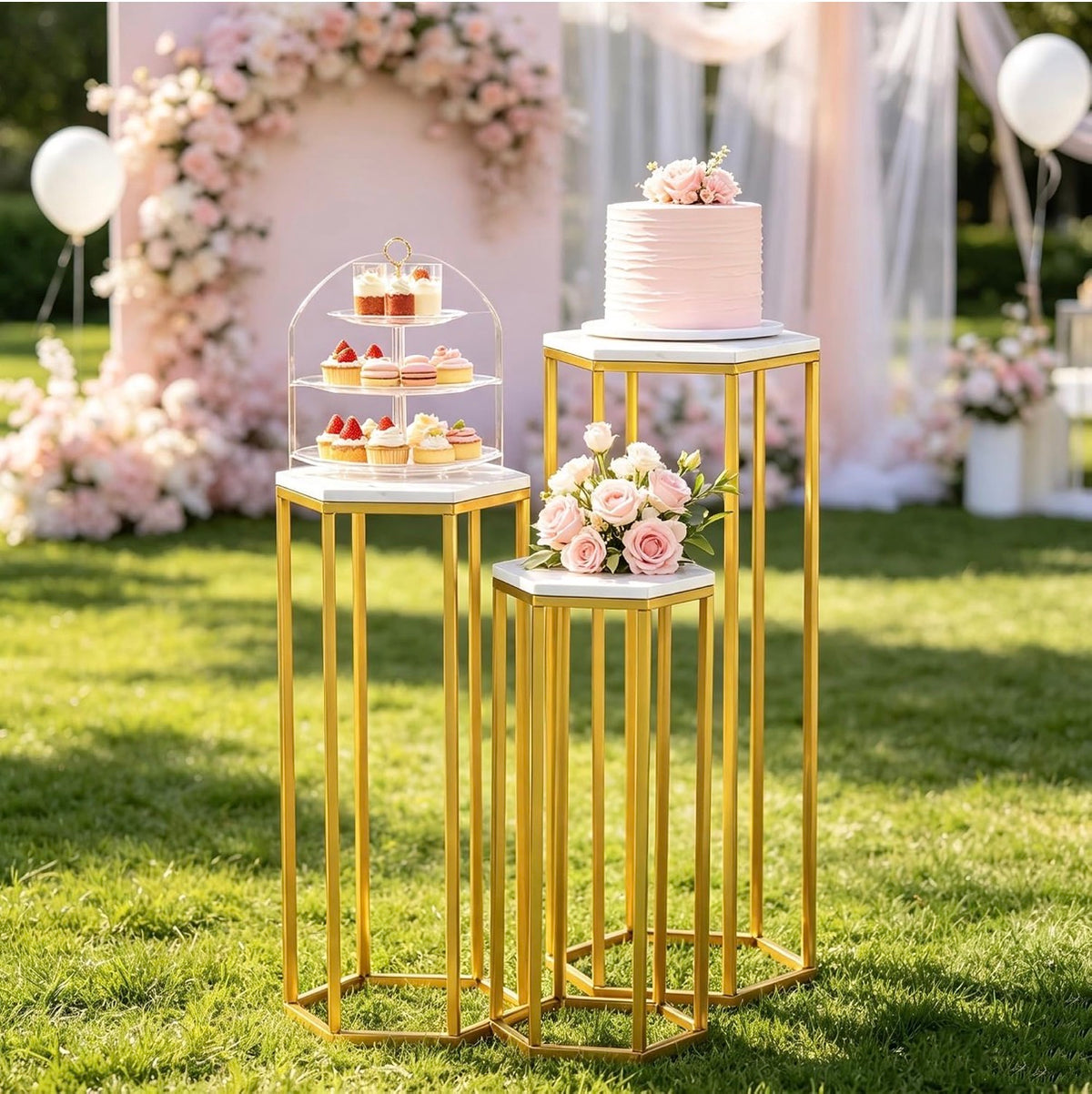 Urban Deco Cylinder Stand for Party, Set of 3 Gold Hexagon Pedestal Stands Metal Cylinder Pedestal Stand with Wooden Marble-Look Top, for Wedding, Party, Party (New in Box)