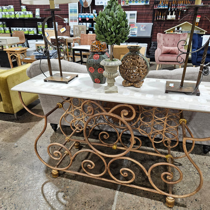 Vintage Wrought Iron Console Table With Tessellated Stone Top and Wine Rack
