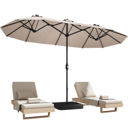 15 Ft. Patio Umbrella with Base, Large Double Sided Retangular Umbrella Triple Head Umbrella with Crank Handle, Market Umbrella for Poolside, Garden, Deck, Backyard, Beach (Beige) (New in Box)