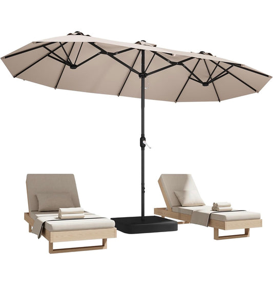 15 Ft. Patio Umbrella with Base, Large Double Sided Retangular Umbrella Triple Head Umbrella with Crank Handle, Market Umbrella for Poolside, Garden, Deck, Backyard, Beach (Beige) (New in Box)