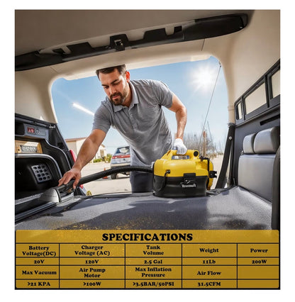 3-in-1 Shop Vac Cordless & Corded, Versatile Power Supply with Tire Inflator and Blower Functions