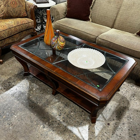 Rare Hooker Furniture Wood & Leaded Glass Top Coffee Table