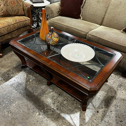 Rare Hooker Furniture Wood & Leaded Glass Top Coffee Table