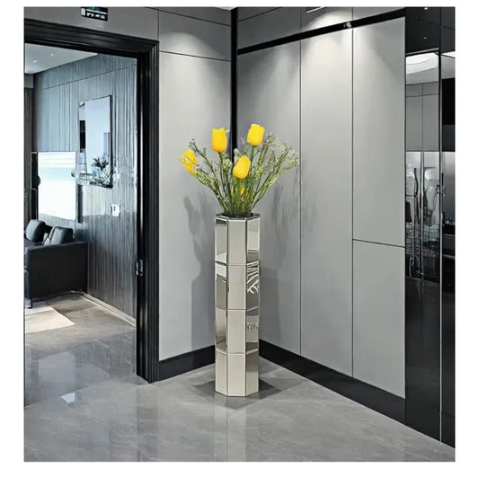 28 Inch Tall Floor Vase, Mirror Silver Large Flower Vases for Home Decor, Mirrored Glass Decorative Modern Vase for Living Room, Office, Centerpiece (Silver Octagon 7.1 Inch L X 7.1 Inch W X 28 Inch H)