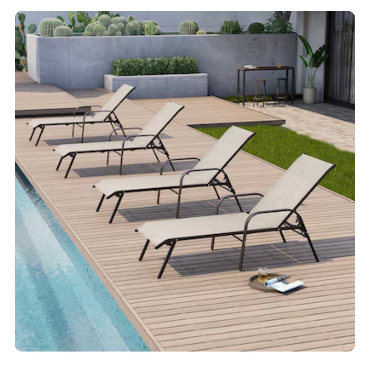 Crestlive Products Set of 2 Stackable Brown Steel Frame Stationary Chaise Lounge Chair with Beige Textilene Mesh Seat