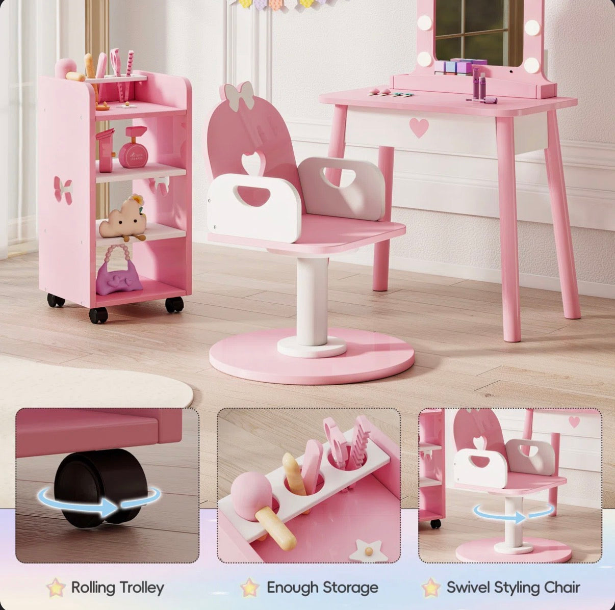 Three Piece Set Kids Vanity Set with Storage Shelf and Hair Salon Play Set (Pink) (New in Box)