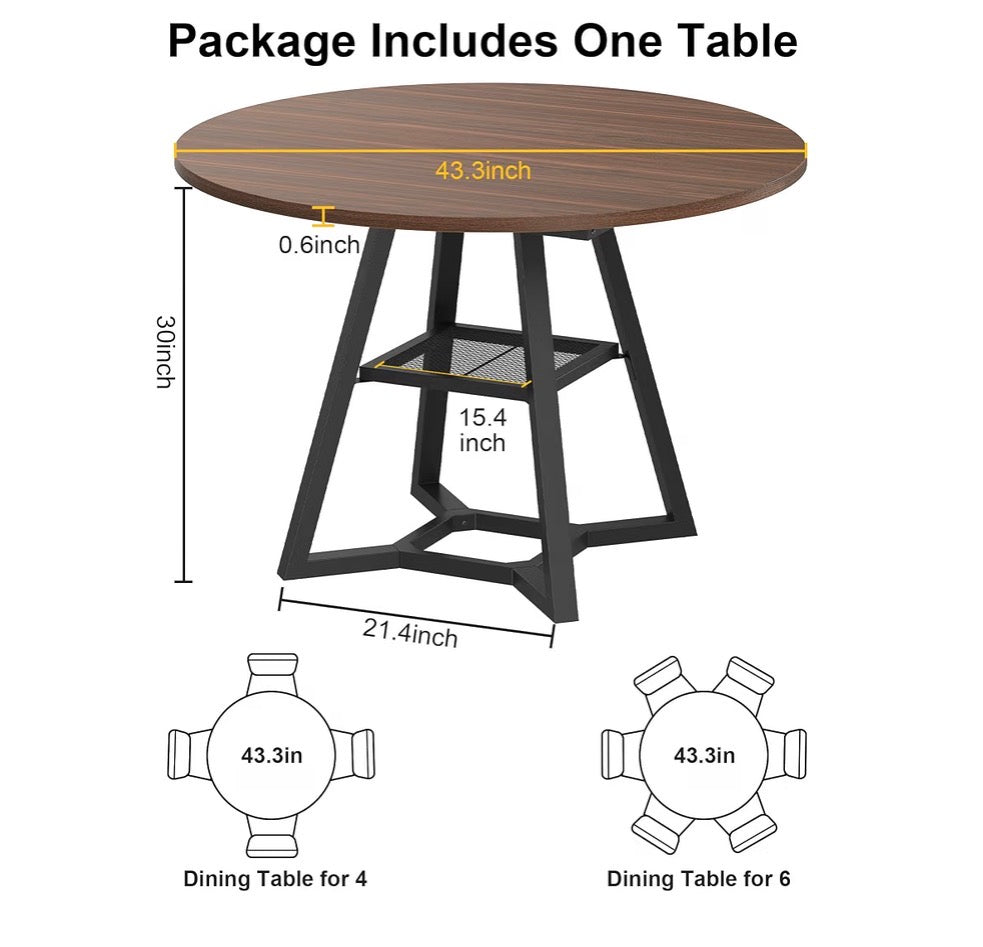 Knoworld 43 Inch Round Dining Table for 4, Kitchen Tables Dining Room Circle Dinner Table with Pedestal Metal Frame, Space Saving Wood Industrial Kitchen & Dining Room Table 43 Inches (Brown) (New in Box)