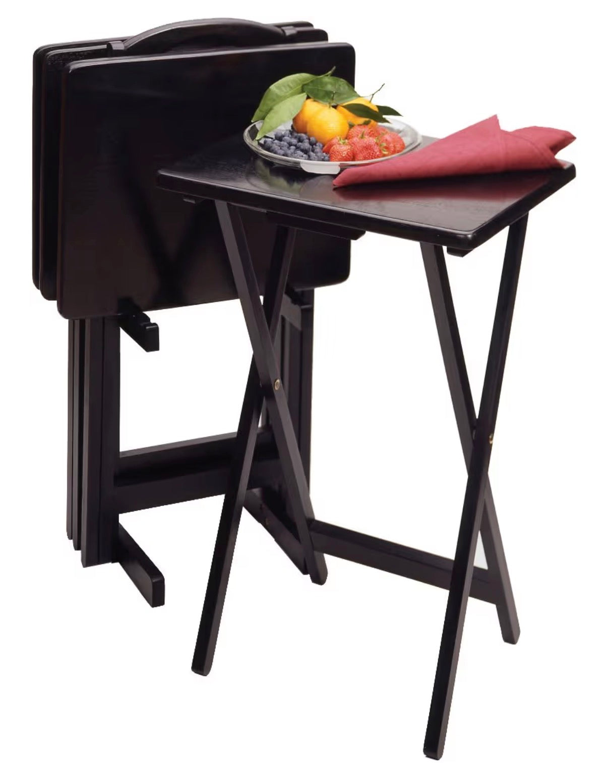 Winsome Alex Set of 4 Foldable Snack Tables with Storage Rack, Easy to Store Portable Fold Up Table Set for Kitchen, Living Room Tv Dining, Crafts, Puzzle, Work from Home 15"X19"X26" (Black)