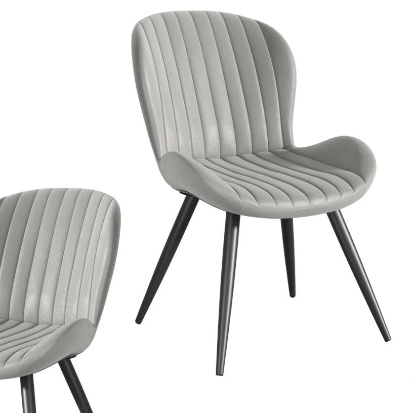 A modern dining chair with a light gray ribbed upholstered seat and curved backrest, supported by slim black metal legs, shown on a white background with a smaller partial view of the same chair in the lower left.
