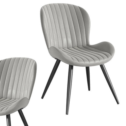 A modern dining chair with a light gray ribbed upholstered seat and curved backrest, supported by slim black metal legs, shown on a white background with a smaller partial view of the same chair in the lower left.