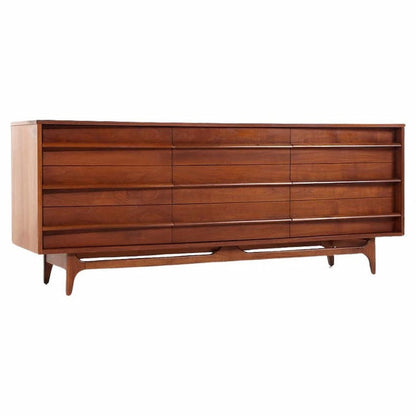 Young Manufacturing Mid Century Walnut Curved Lowboy 9 Drawer Dresser