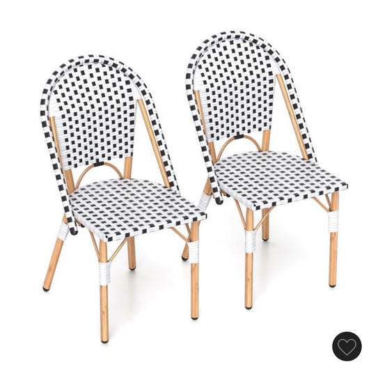 Costway Set of 2 French Bistro Chairs, Outdoor Armless Dining Chairs with Handwoven Rattan and Galvanized Metal Frame (Black/White) (New in Box)