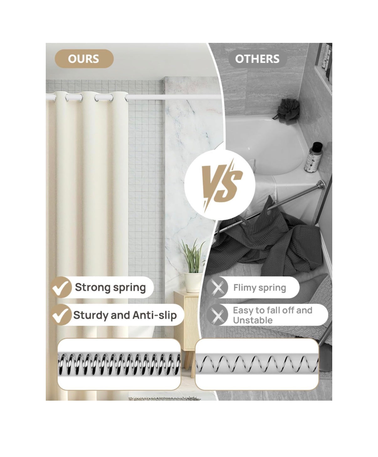 Heavy Duty Tension Curtain Rod by EZFurni, 42 to 76 Inches, Anti-Slip Spring Loaded Curtain Rods No Drilling, Apartment Renter Friendly Tension Rod for Windows, Bathroom, Closet & Doors (White) (New in Box)
