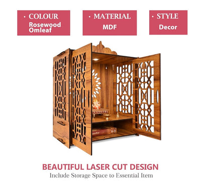 Indian Religious Wooden Temple for Poojaghar, Assembly Required, Mandir Unit with Storage Space, LED Lights and Wall Mount