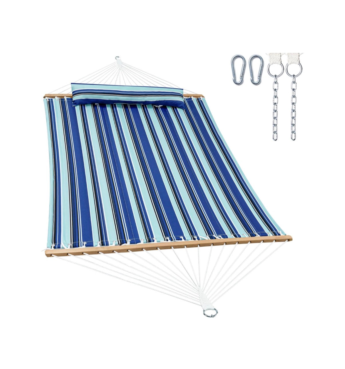 Gafete 12 Ft. 2 Person Hammock for Outside with Hardwood Spreader Bar 475 lbs, Comfy Quilted Fabric, Extra Large Removable Pillow, Convenient Side Pocket & Secure Carabiners, (Catalina Beach) (New in Box)