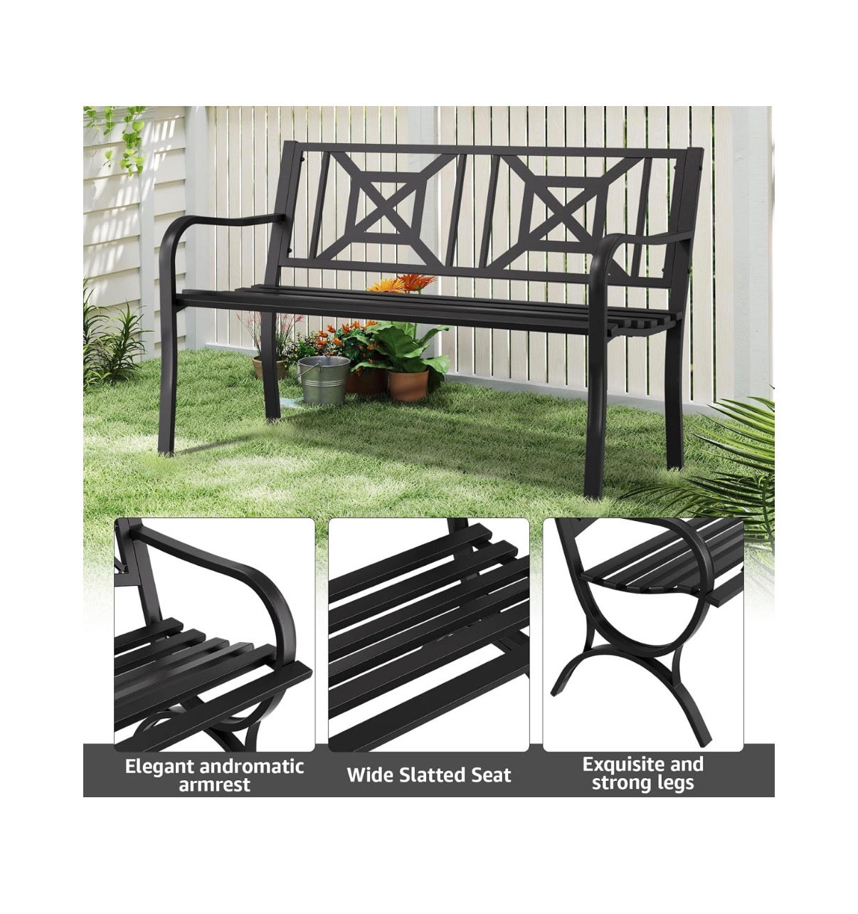 Outdoor Bench Garden Bench Patio Bench, Weatherproof Anti-Rust metal Powder Coated Frame Park Bench, for Yard & Porch & Park (New in Box)