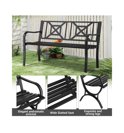 Outdoor Bench Garden Bench Patio Bench, Weatherproof Anti-Rust metal Powder Coated Frame Park Bench, for Yard & Porch & Park (New in Box)