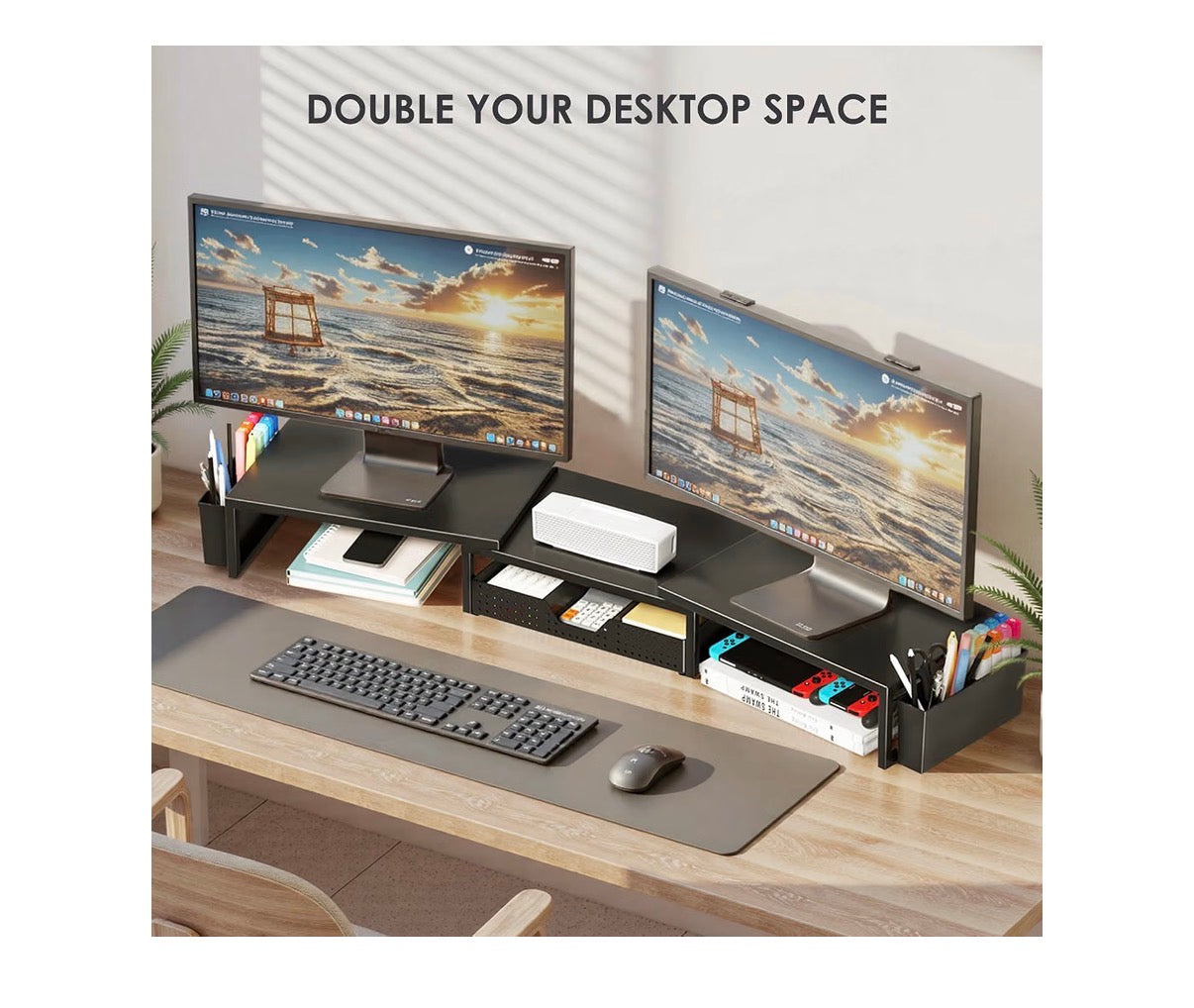 Desk Organizers and Accessories, Dual Monitor Stand Riser with Drawer and 2 Pen Holders, Desk Shelf Computer Racks & Printer Stand for Office Workspace Organizers, Desktop Organization (Black) (new in Box)