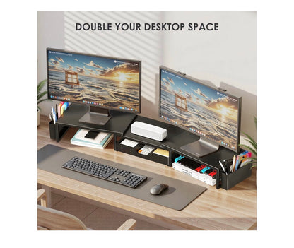 Desk Organizers and Accessories, Dual Monitor Stand Riser with Drawer and 2 Pen Holders, Desk Shelf Computer Racks & Printer Stand for Office Workspace Organizers, Desktop Organization (Black) (new in Box)