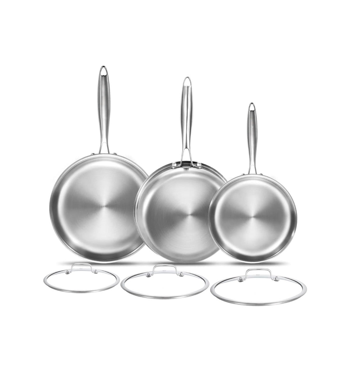 Delario Tri-Ply Stainless Steel Pan, 18/10, 8 Inch, 10 Inch, 12 Inch Nontoxic Durable Oven Safe 800 Degrees Fahrenheit All Cooktops Compatible Fast Even Heat PFOA Free Large Frying Pan Nontoxic Cookware (Stainless Steel) (New in Box)