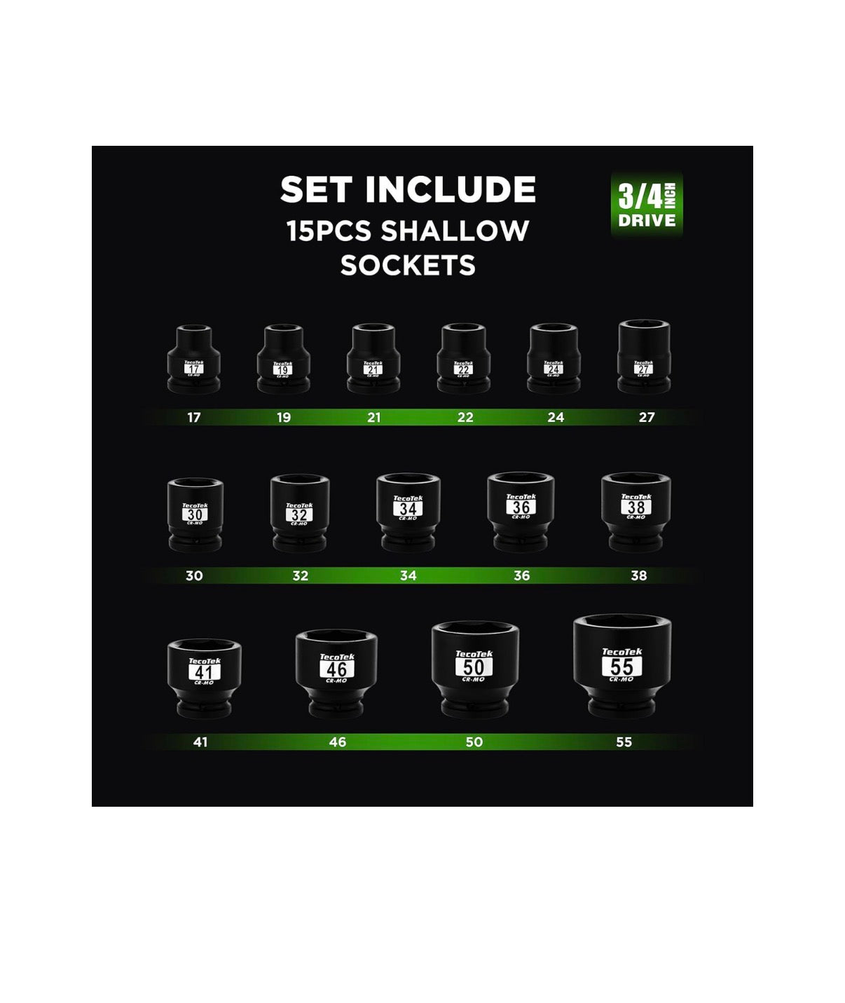 3/4 Inch Drive Shallow 6 Point Impact Socket Set, 15 Piece Heavy Duty Impact Socket Set, CR-MO, Metric (17mm to 55mm) Enhanced Storage Case (New in Box)