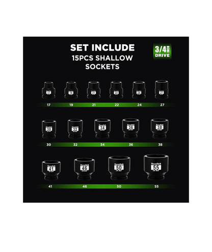 3/4 Inch Drive Shallow 6 Point Impact Socket Set, 15 Piece Heavy Duty Impact Socket Set, CR-MO, Metric (17mm to 55mm) Enhanced Storage Case (New in Box)