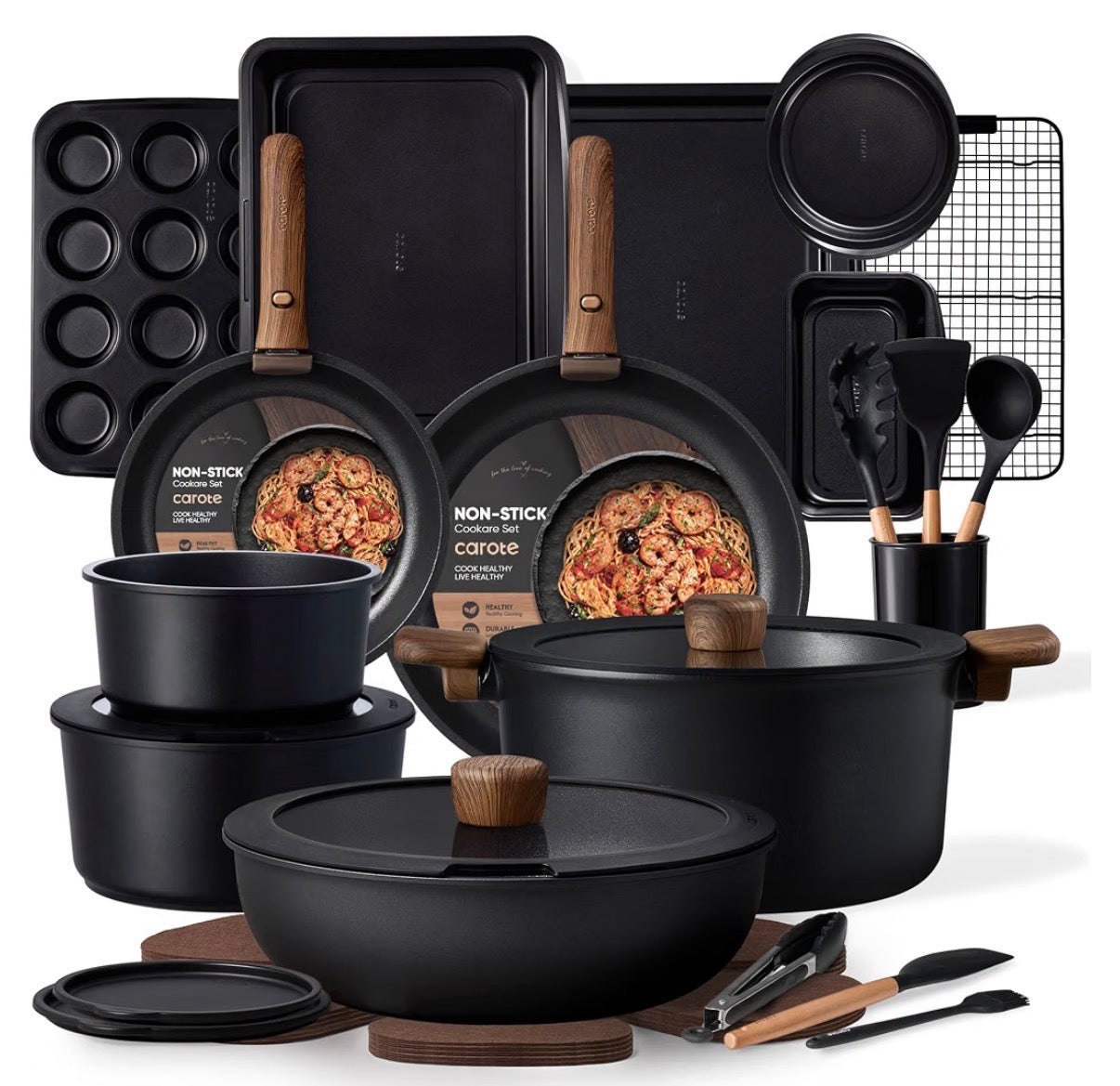 Carote 31 piece pots and pan set - non stick, detachable handle cookware- black