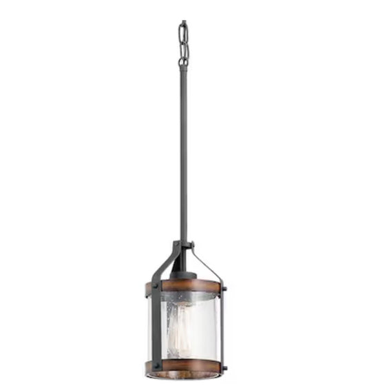 Kichler Barrington Light Distressed Black and Wood Tone Farmhouse Seeded Glass Cylinder Small Hanging Pendant Light (Distressed Black and Wood Tone)