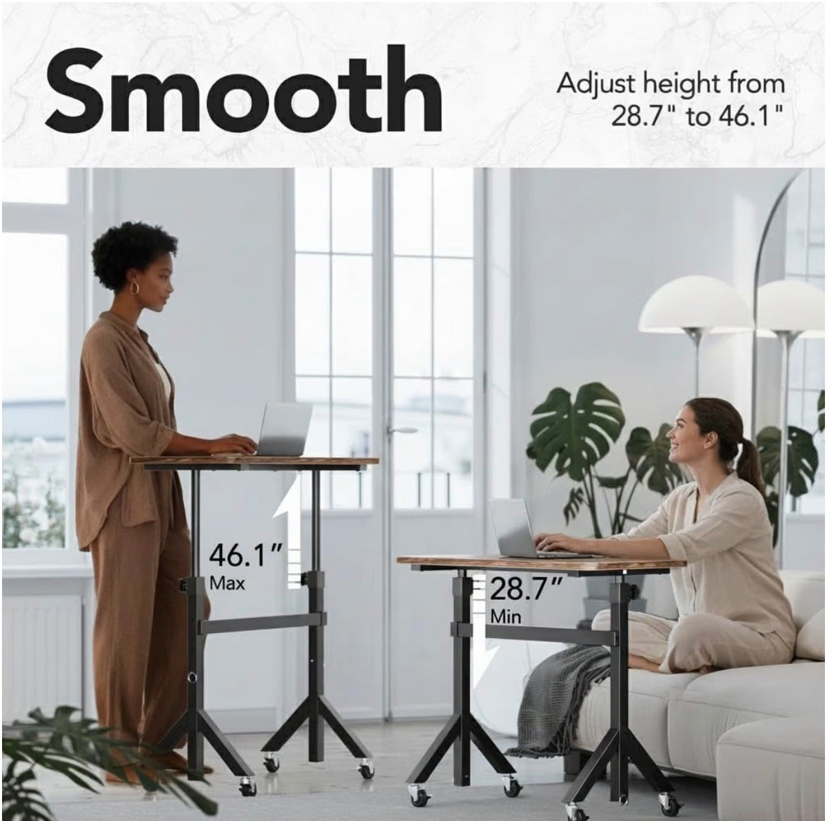 28 Inch - 46 Inch Small Standing Desk Adjustable Height Mobile Stand Up Desk with Wheels, Portable Rolling Deskfor Walking Pad and Treadmill, Computer Laptop Desk for Home/Office Space (Black Walnut) (New in Box)