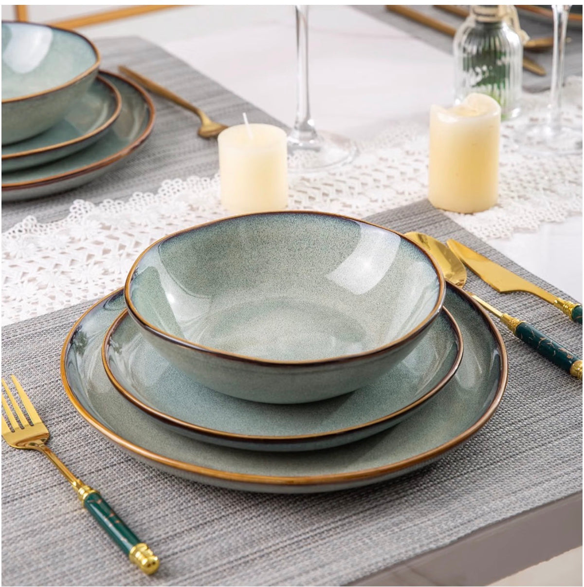 AmorArc Ceramic Dinnerware Sets for 6, 18 Pieces Plates and Bowls Set Stoneware Handmade Reactive Glaze Dinner Set, Highly Scratch Resistant Dishwasher & Microwave Safe (Ocean Color) (New in Box)