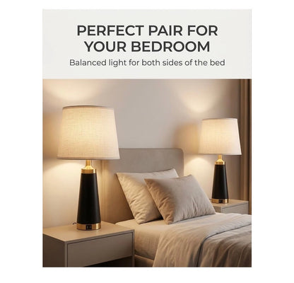 Bedside Table Lamp for Bedroom Nightstand 24 Inch Night Stand Lamps Set of 2 USB A & C Charging Ports and Outlets Side Table Lights with White Linen Shade, Knob Switch for Living Room (Black and Gold) (New in Box)