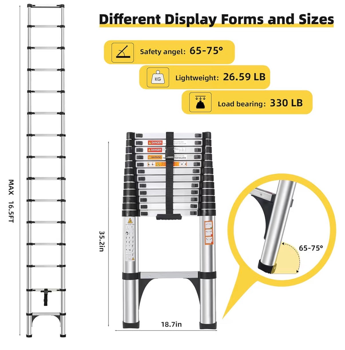 16.5 ft Telescoping Ladder, Lightweight Extension Ladder with 2 Triangle Stabilizers & 2 Hooks, Dual Locking Mechanism Design Collapsible Telescopic Ladder for Home, Outdoor, RVs (New in Box)