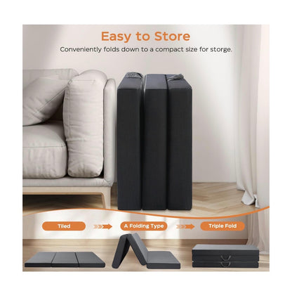 Tri Folding Mattress Full Size 73 Inch X 52 Inch X 4 Inch Memory Foam Tri-Fold Handle & Non-Slip Bottom, Portable Foldable Sofa Bed Floor Chair for Travel, RV Camping, Guest, Yoga 4 Inch Mat (New in Box)