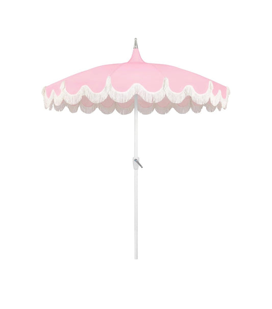 7.5 Ft. Patio Umbrella with Fringe, Tassel Umbrella with Crank & Fiberglass Ribs, Outdoor Umbrella for Garden, Pool, Lawn, or Table (New in Box) (Pink)