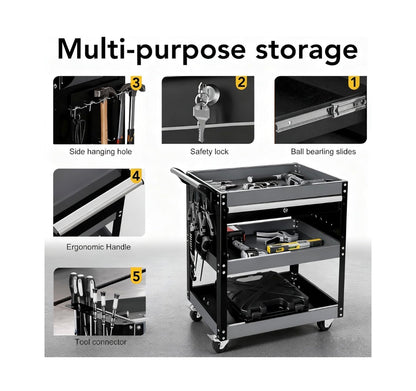 Tool Cart 27.5 Inch 3 Tier Tool Cart on Wheels, Utility Industrial Service Cart with drawers, Pegboard and Locking System, Suitable for Garage, Warehouse, Mechanic, 440lbs Load (Black) (New in Box)