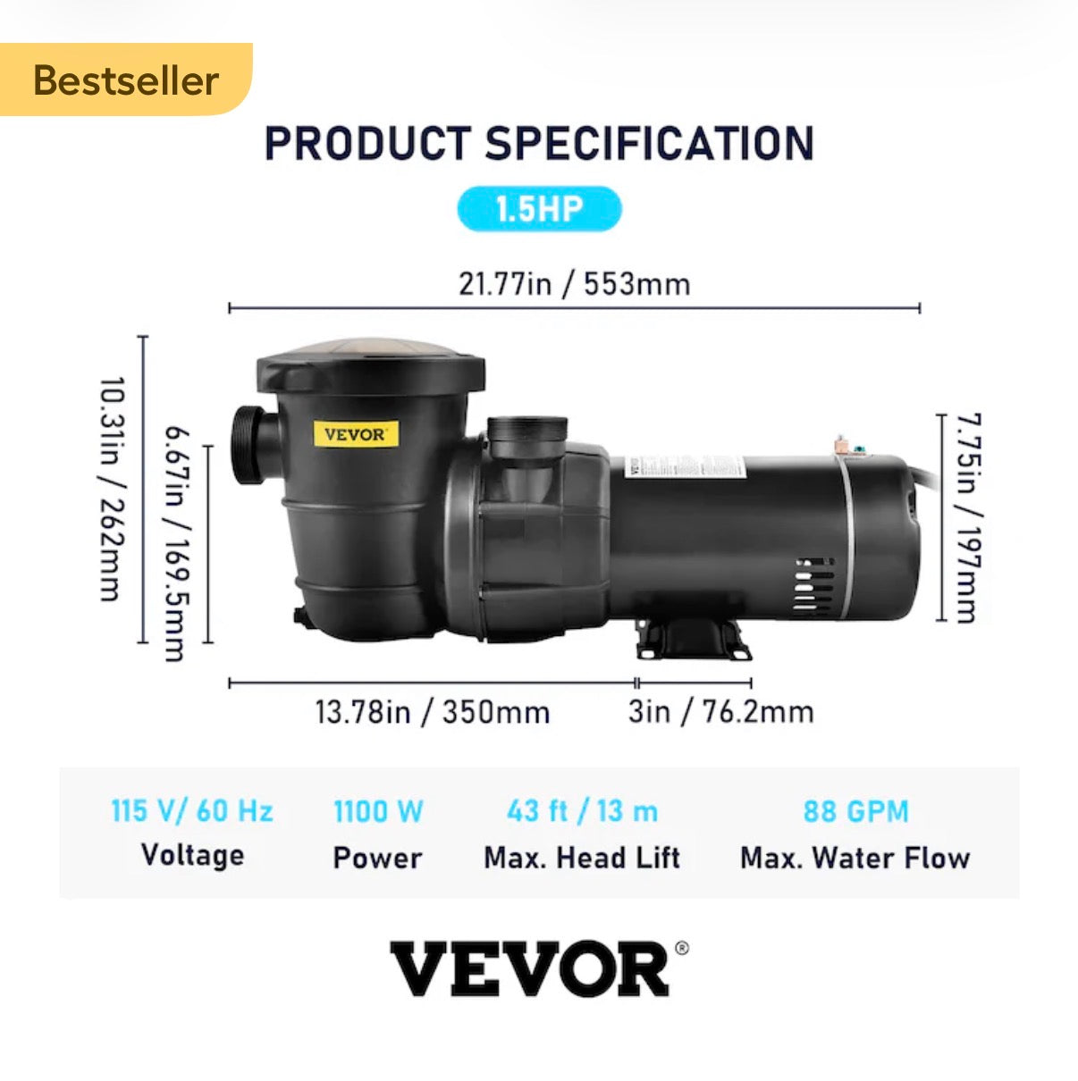 VEVOR Swimming Pool Pump, 1.5 HP 115 V, 1100 W Single Speed Pumps for Above Ground Pool w/Strainer Basket, 5280 GPH Max. Flow, Certification of ETL for Security