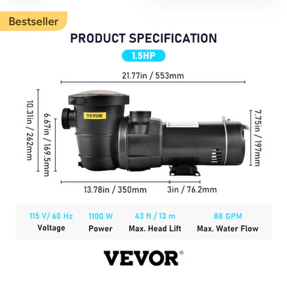 VEVOR Swimming Pool Pump, 1.5 HP 115 V, 1100 W Single Speed Pumps for Above Ground Pool w/Strainer Basket, 5280 GPH Max. Flow, Certification of ETL for Security