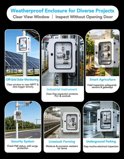 Outdoor Electrical Box with Clear Window and Thermostat and Fan, Precise Temperature Control 0.1 Degree, IP65Water Resistant Rating, Galvanized Steel, Aluminum Rear Beam 19.7 Inch X 17.7 Inch X 7.9 Inch (New in Box)
