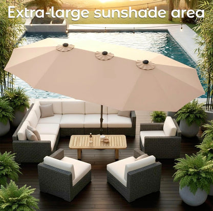 15 Ft. Patio Umbrella with Base, Large Double Sided Retangular Umbrella Triple Head Umbrella with Crank Handle, Market Umbrella for Poolside, Garden, Deck, Backyard, Beach (Beige) (New in Box)