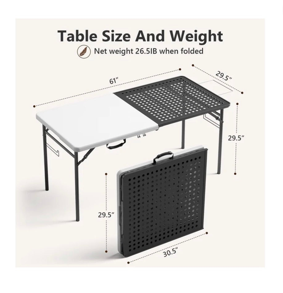5 Foot Folding Camping table with Metal Grid Grilling Surface, Portable Outdoor Grill Stand Table with Handle for BBQ, Grilling, Camping Trip, RV, Pinic, Backyards, Tailgating (New in Box)