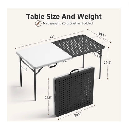 5 Foot Folding Camping table with Metal Grid Grilling Surface, Portable Outdoor Grill Stand Table with Handle for BBQ, Grilling, Camping Trip, RV, Pinic, Backyards, Tailgating (New in Box)