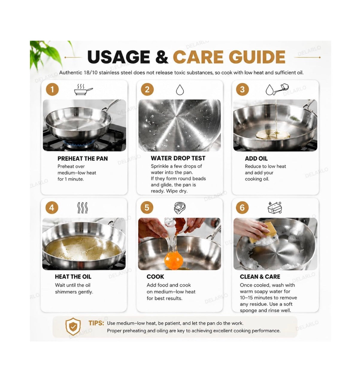 Delario Tri-Ply Stainless Steel Pan, 18/10, 8 Inch, 10 Inch, 12 Inch Nontoxic Durable Oven Safe 800 Degrees Fahrenheit All Cooktops Compatible Fast Even Heat PFOA Free Large Frying Pan Nontoxic Cookware (Stainless Steel) (New in Box)