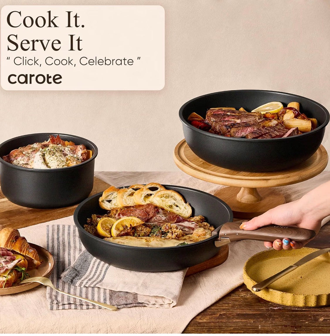 Carote 31 piece pots and pan set - non stick, detachable handle cookware- black