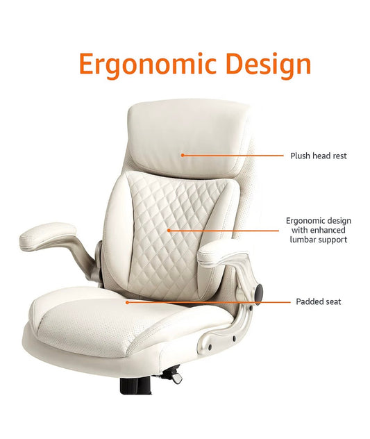 Amazon Basics Ergonomic Executive Office Desk Chair with Lumbar Support, Flip-Up Armrests, Adjustable Height (Cream Leather) (New in Box)