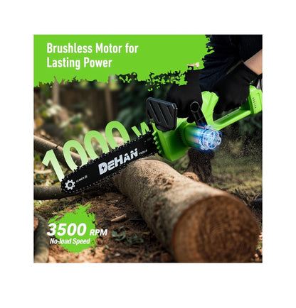 12 Inch Brushless Cordless Mini Chainsaw, Battery Powered for Trimming Includes 2x4.0Ah Batteries, 2 Guide Bars and 3 Chains for Longer Runtime and Versatile Cutting (New in Box)